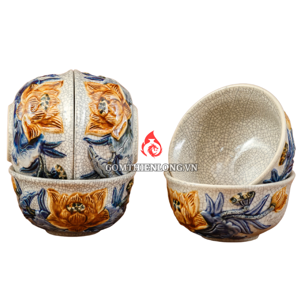 Bộ Bát Cơm Thờ Cúng Bát Tràng Men Rạn Đắp Nổi Hoa Sen 231148