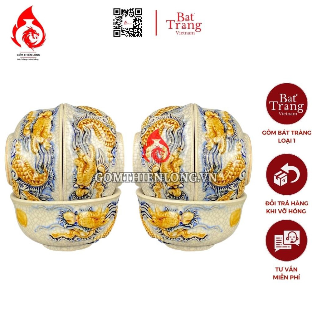 Bộ Bát Cơm Thờ Cúng Bát Tràng Men Rạn Đắp Nổi Rồng 231150