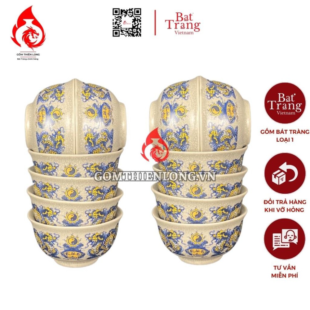 Bộ Bát Cơm Thờ Cúng Bát Tràng Men Rạn Vẽ Long Chầu Nguyệt 231155