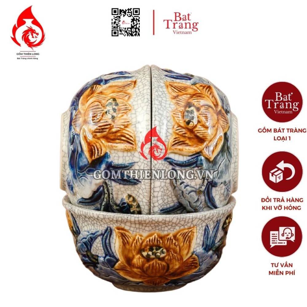 Bộ Bát Cơm Thờ Cúng Bát Tràng Men Rạn Đắp Nổi Hoa Sen 231148