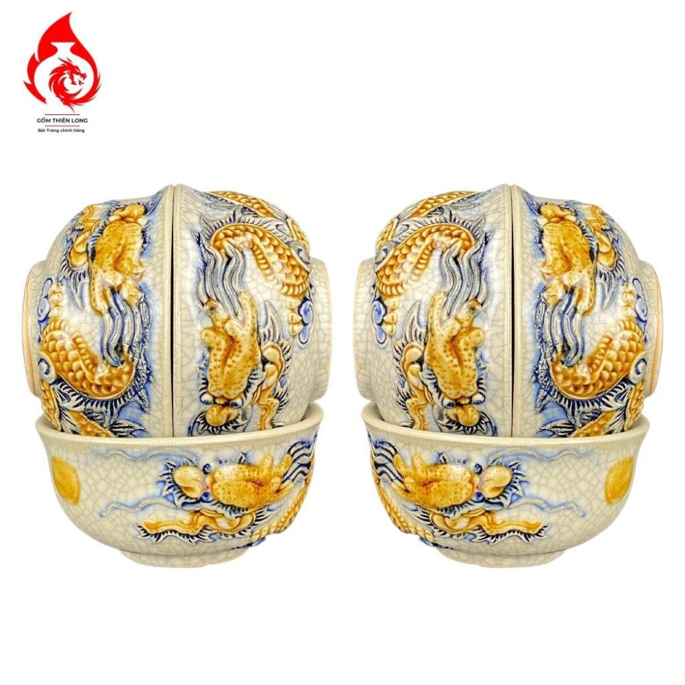 Bộ Bát Cơm Thờ Cúng Bát Tràng Men Rạn Đắp Nổi Rồng 231150