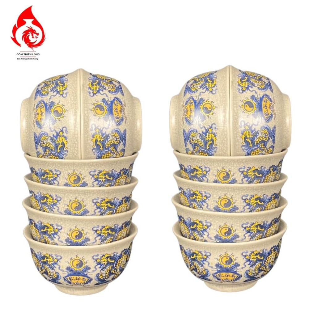 Bộ Bát Cơm Thờ Cúng Bát Tràng Men Rạn Vẽ Long Chầu Nguyệt 231155