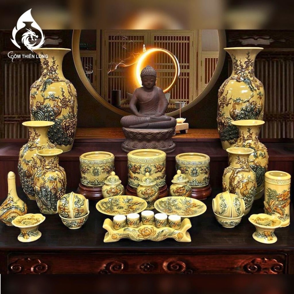 Bộ Bát Thờ Cúng Bát Tràng Men Rạn Vàng Hoàng Lưu Ly 231156