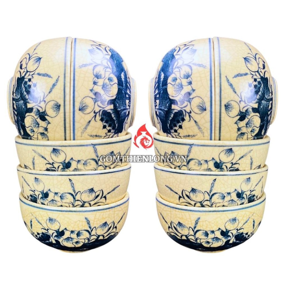 Bộ Bát Cơm Thờ Cúng Bát Tràng Men Rạn Vẽ Hoa Sen 231159