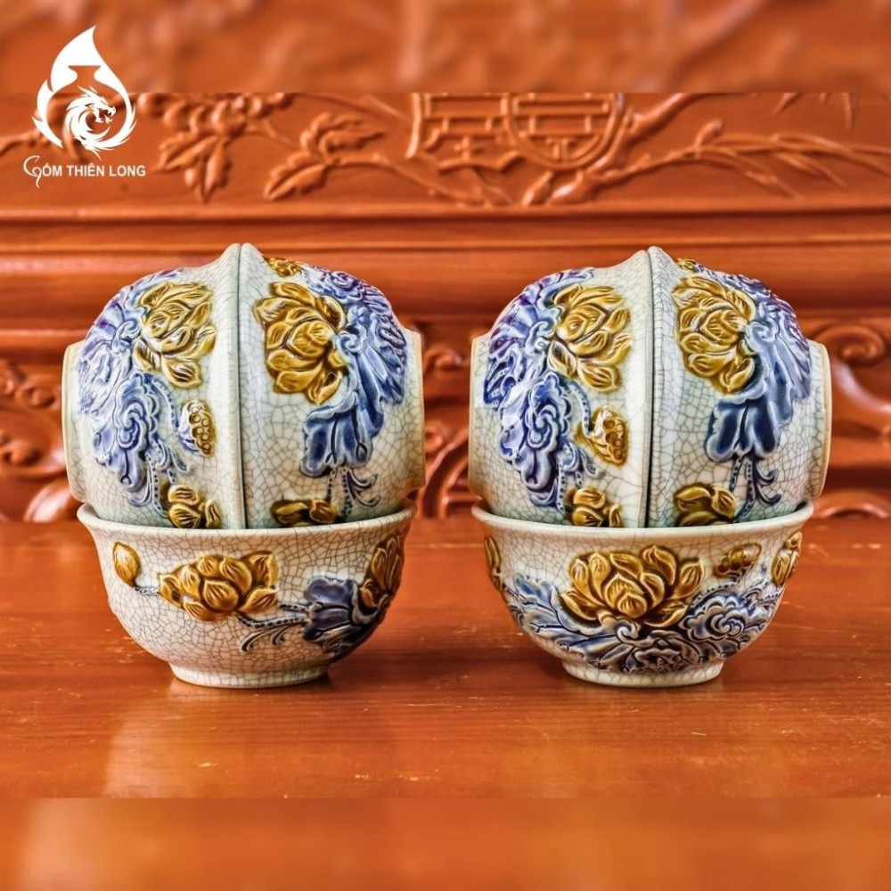Bộ Bát Cơm Thờ Cúng Bát Tràng Men Rạn Đắp Nổi Hoa Sen 231161