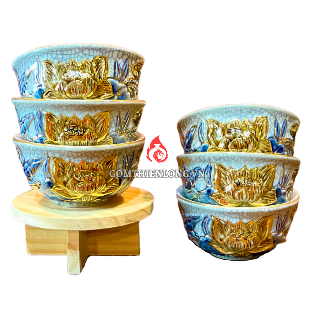 Bộ Bát Cơm Thờ Cúng Bát Tràng Men Rạn Đắp Nổi Vẽ Vàng Hoa Sen 231153