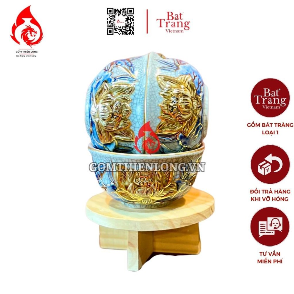 Bộ Bát Cơm Thờ Cúng Bát Tràng Men Rạn Đắp Nổi Vẽ Vàng Hoa Sen 231153