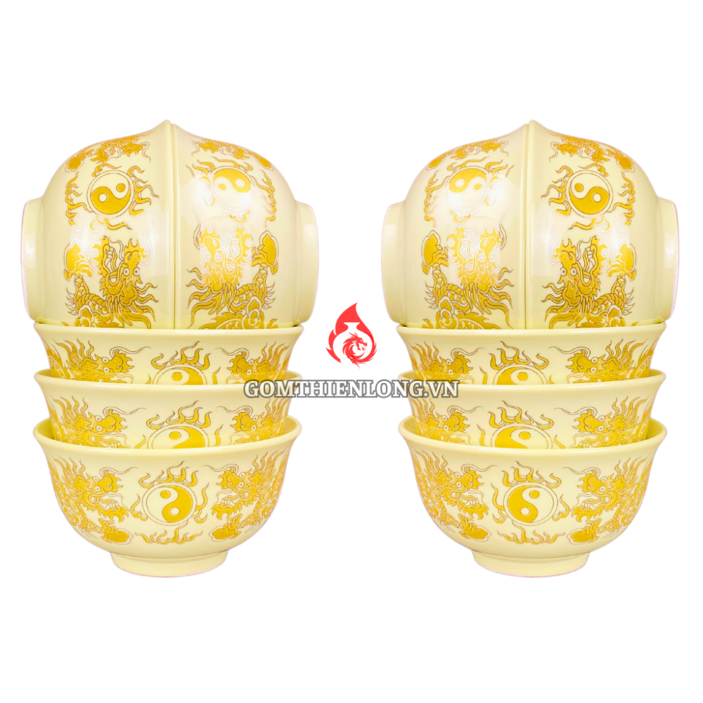 Bộ Bát Cơm Thờ Cúng Bát Tràng Men Vàng Vẽ Ánh Kim 231154
