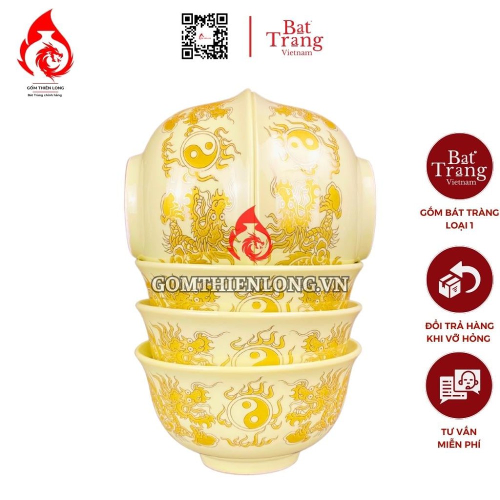 Bộ Bát Cơm Thờ Cúng Bát Tràng Men Vàng Vẽ Ánh Kim 231154