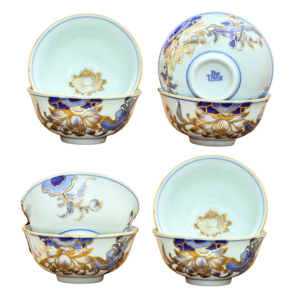 Bộ Bát Cơm Thờ Cúng Bát Tràng Men Lam Vẽ Vàng Hoa Sen 231147