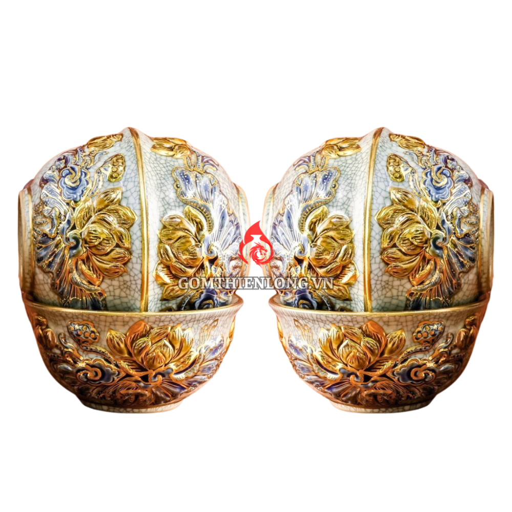Bộ Bát Cơm Thờ Cúng Bát Tràng Men Rạn Đắp Nổi Vẽ Vàng Hoa Sen 231162