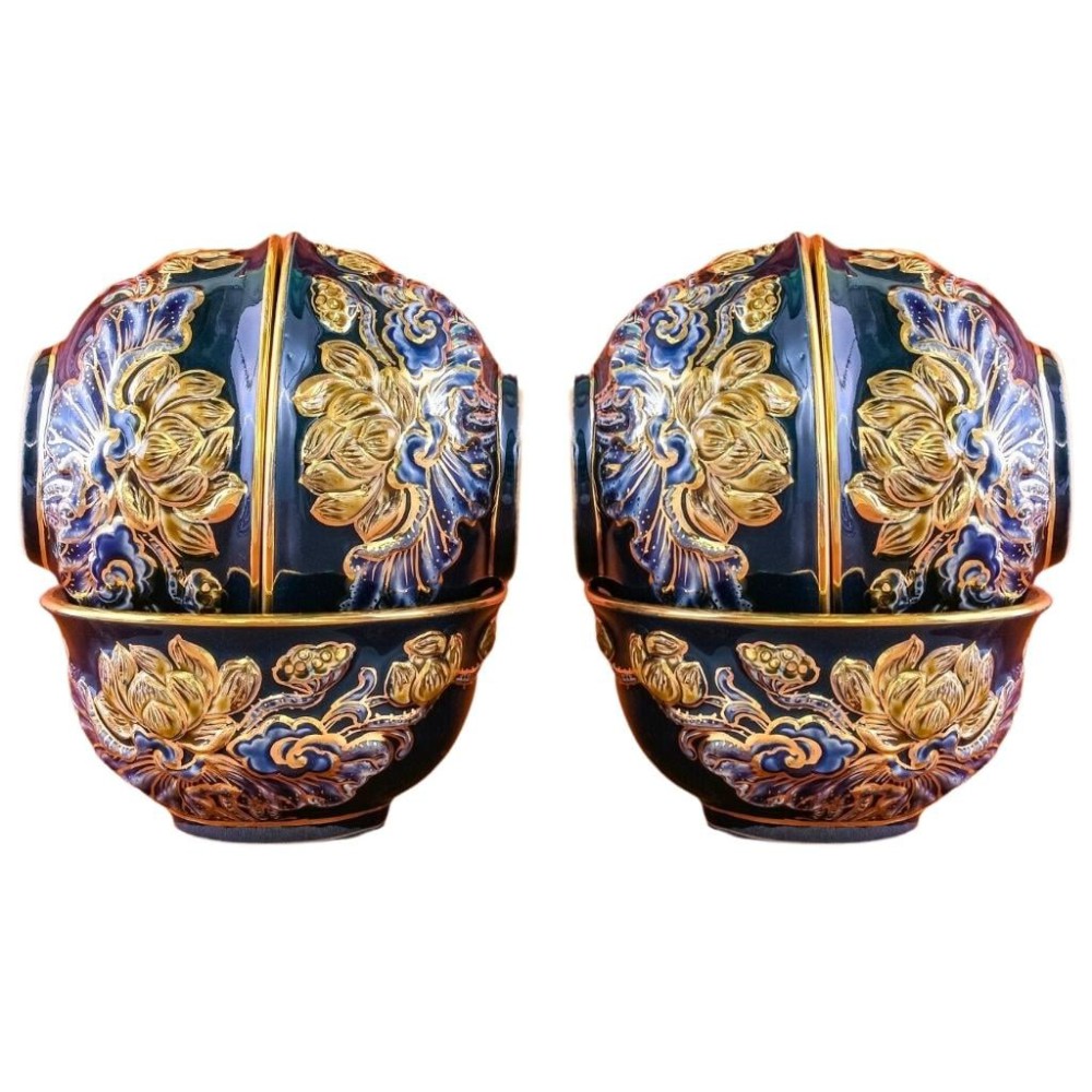 Bộ Bát Cơm Thờ Cúng Bát Tràng Men Xanh Tím Đắp Nổi Vẽ Vàng Hoa Sen 231164