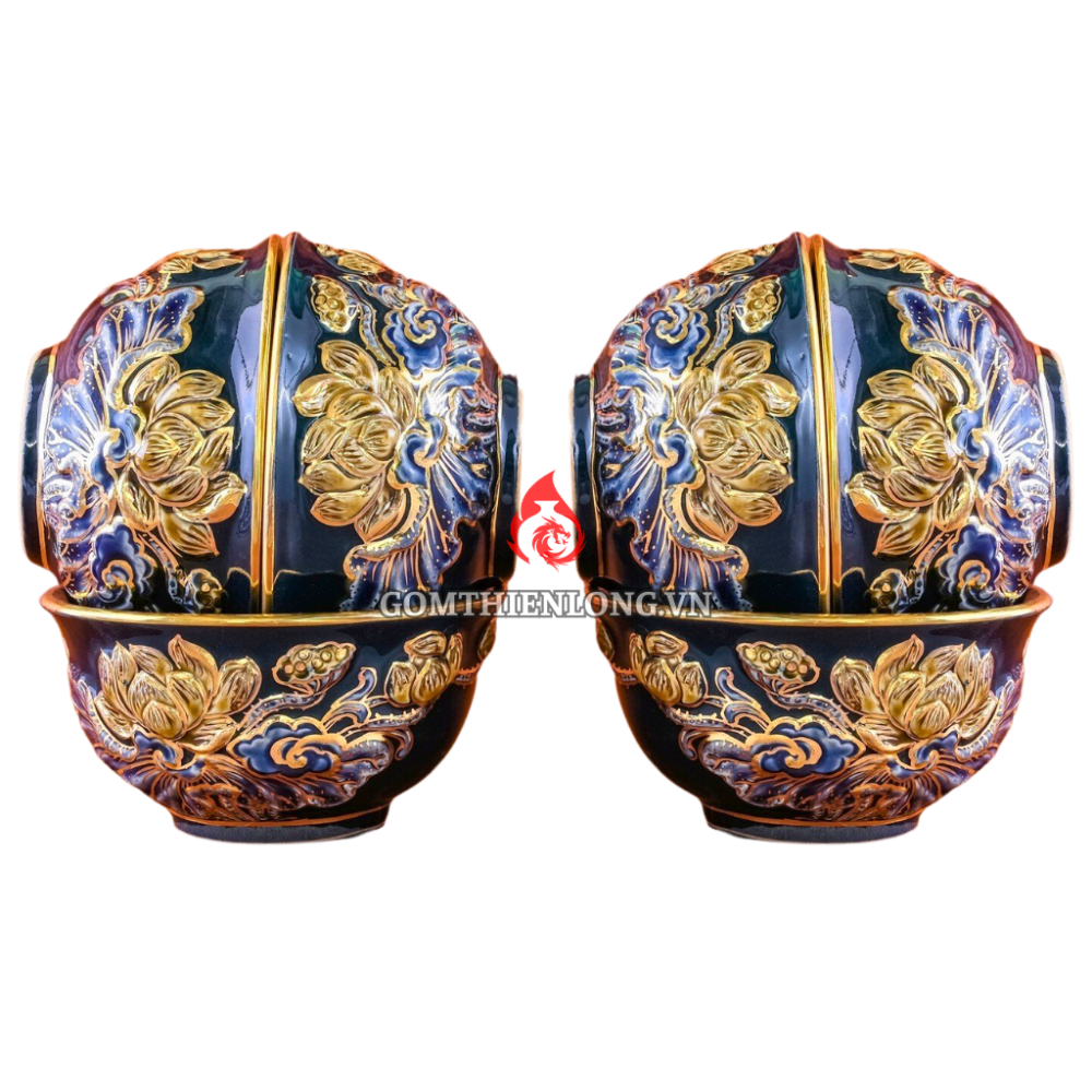 Bộ Bát Cơm Thờ Cúng Bát Tràng Men Xanh Tím Đắp Nổi Vẽ Vàng Hoa Sen 231164