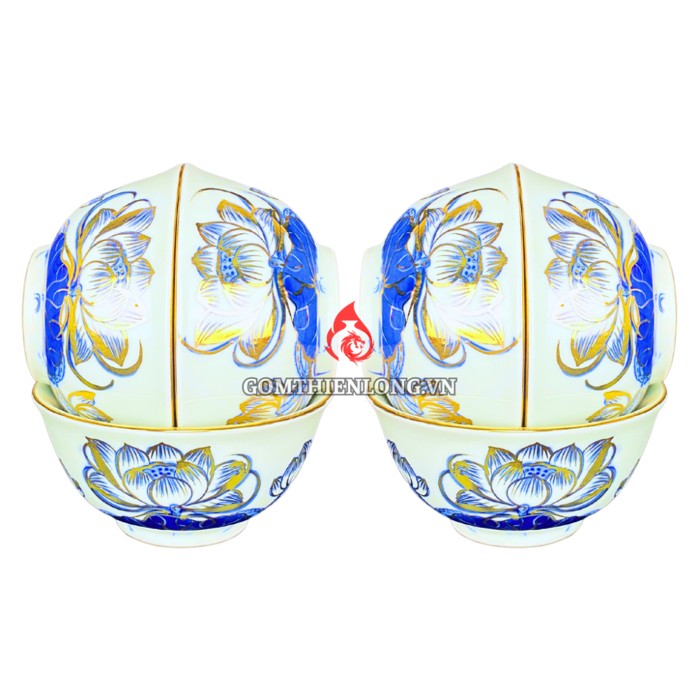Bộ Bát Cơm Thờ Cúng Bát Tràng Men Xanh Lam Vẽ Vàng Hoa Sen 231144