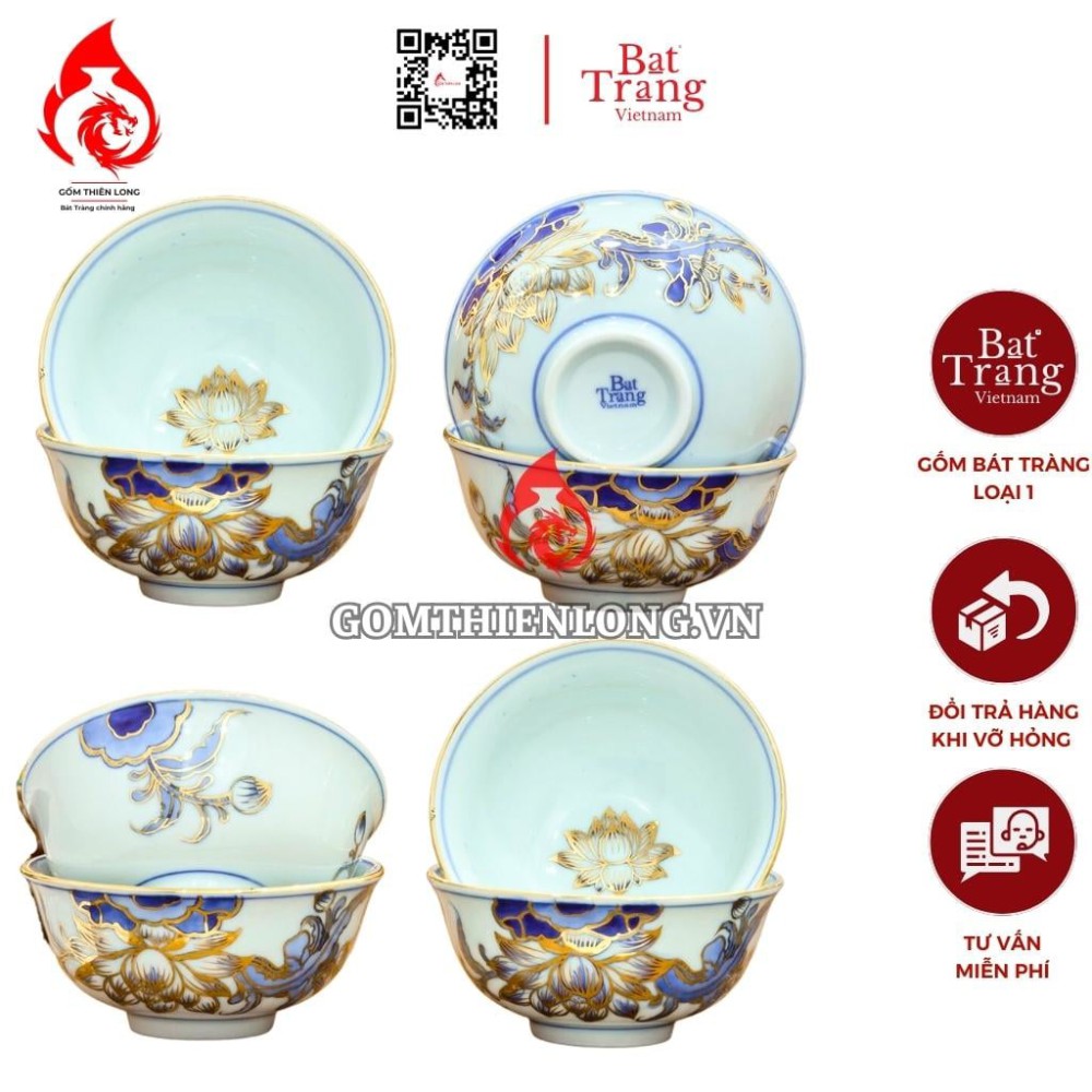 Bộ Bát Cơm Thờ Cúng Bát Tràng Men Lam Vẽ Vàng Hoa Sen 231147
