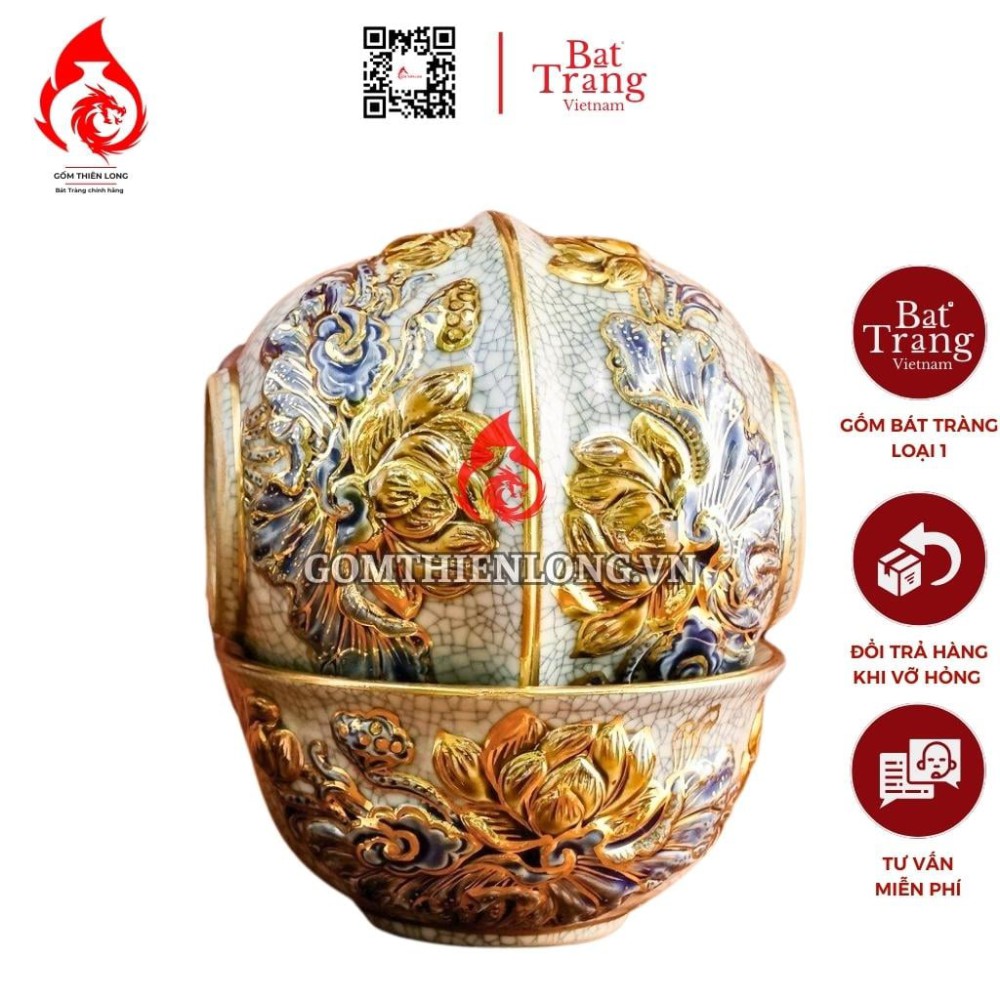 Bộ Bát Cơm Thờ Cúng Bát Tràng Men Rạn Đắp Nổi Vẽ Vàng Hoa Sen 231162