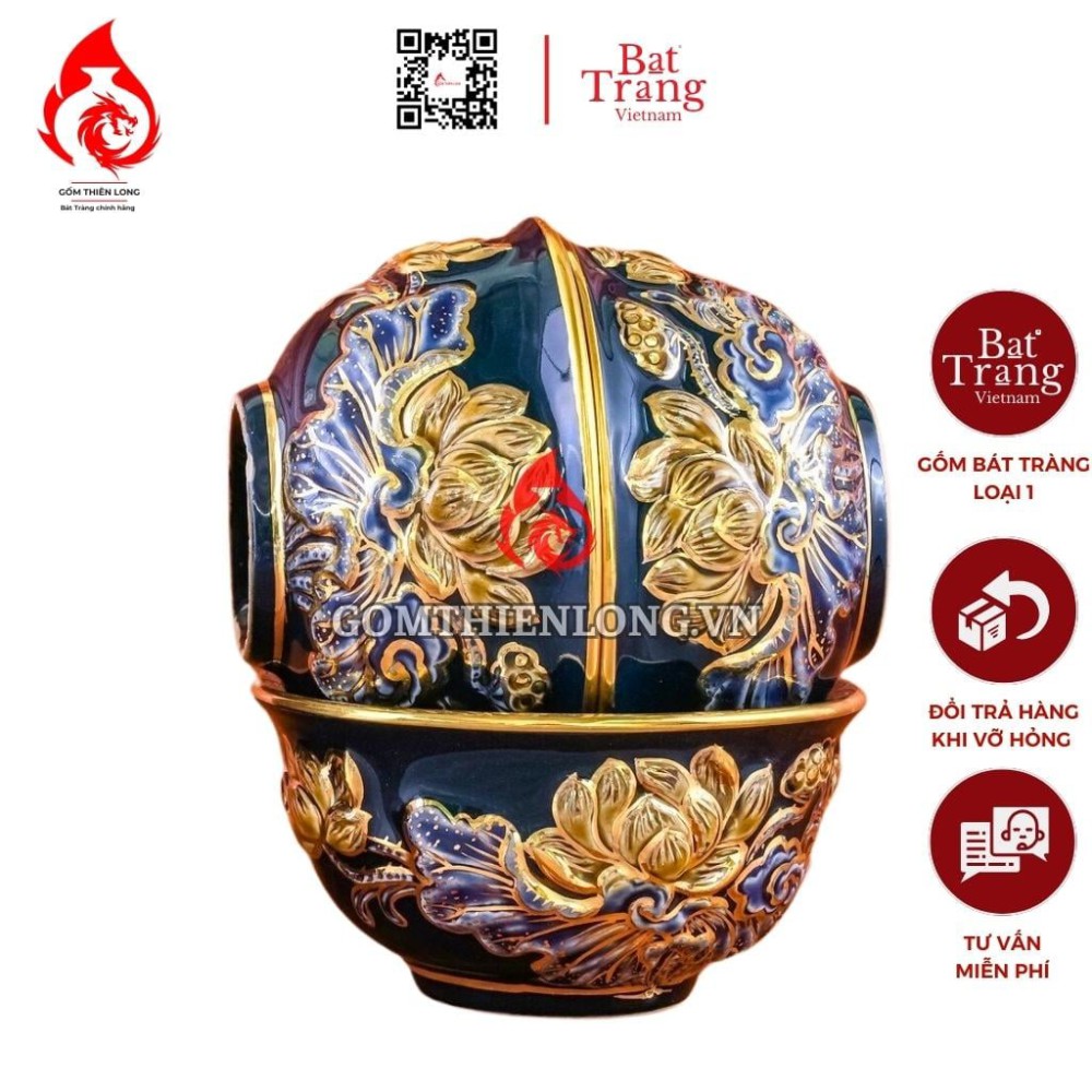 Bộ Bát Cơm Thờ Cúng Bát Tràng Men Xanh Tím Đắp Nổi Vẽ Vàng Hoa Sen 231164