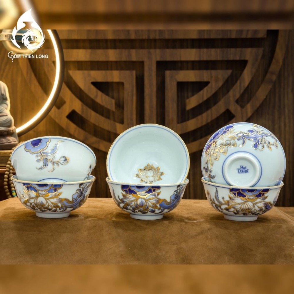 Bộ Bát Cơm Thờ Cúng Bát Tràng Men Lam Vẽ Vàng Hoa Sen 231147
