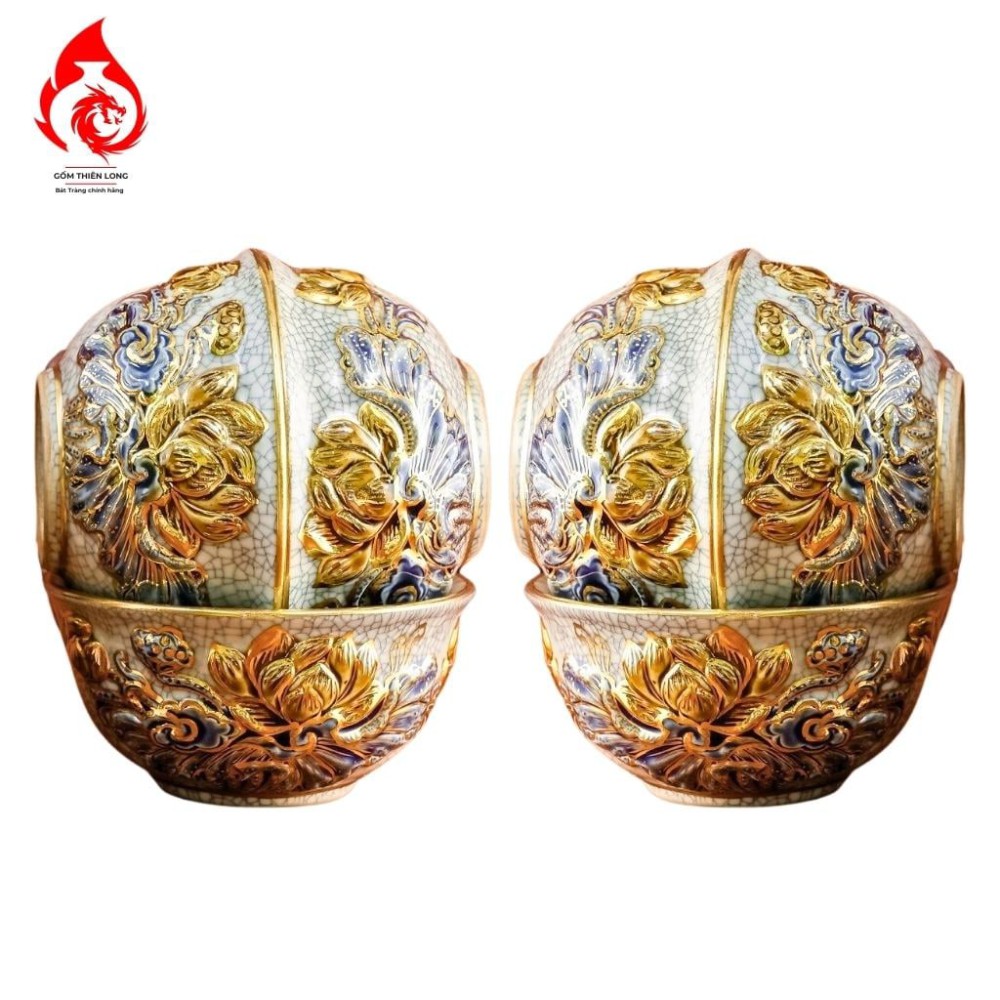 Bộ Bát Cơm Thờ Cúng Bát Tràng Men Rạn Đắp Nổi Vẽ Vàng Hoa Sen 231162