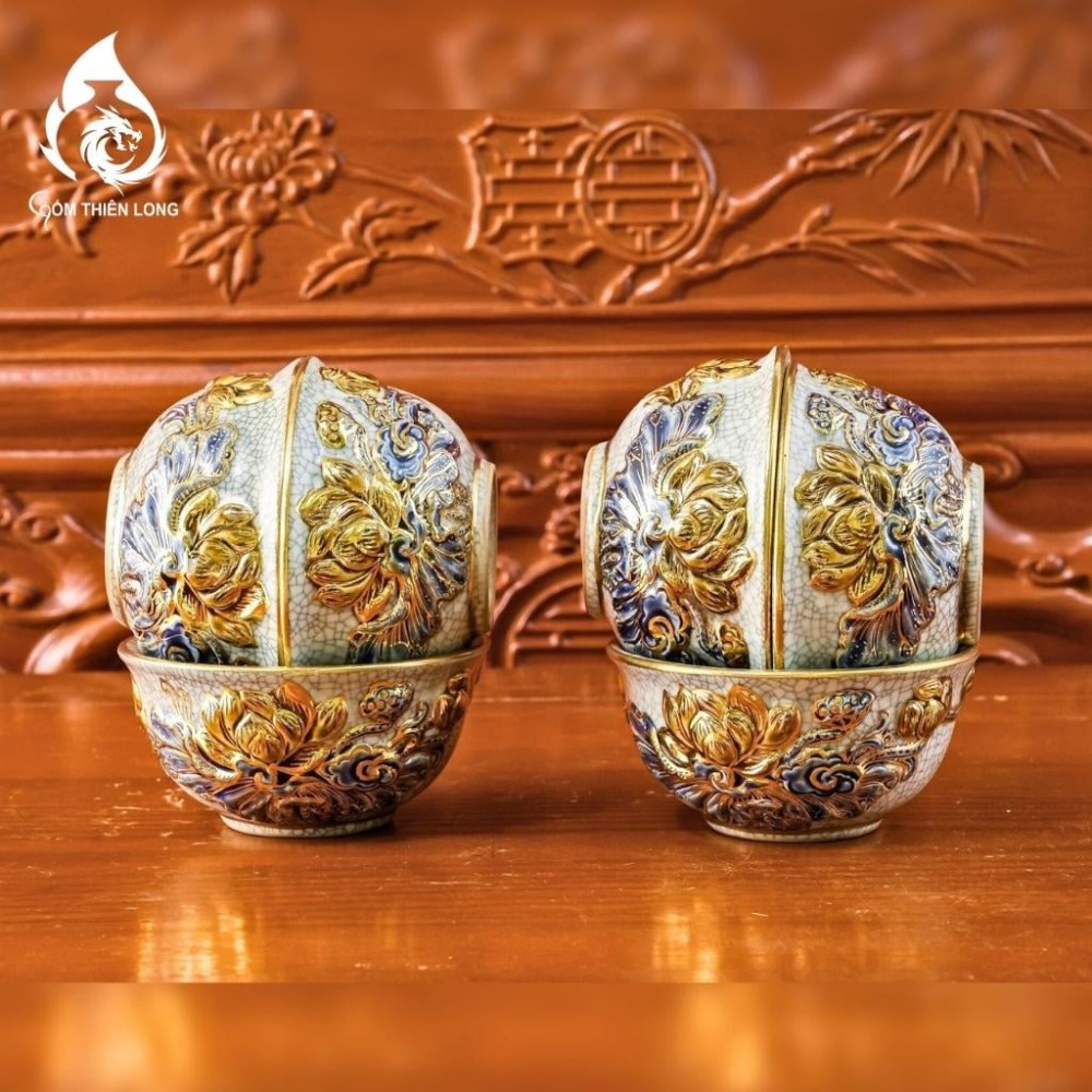 Bộ Bát Cơm Thờ Cúng Bát Tràng Men Rạn Đắp Nổi Vẽ Vàng Hoa Sen 231162