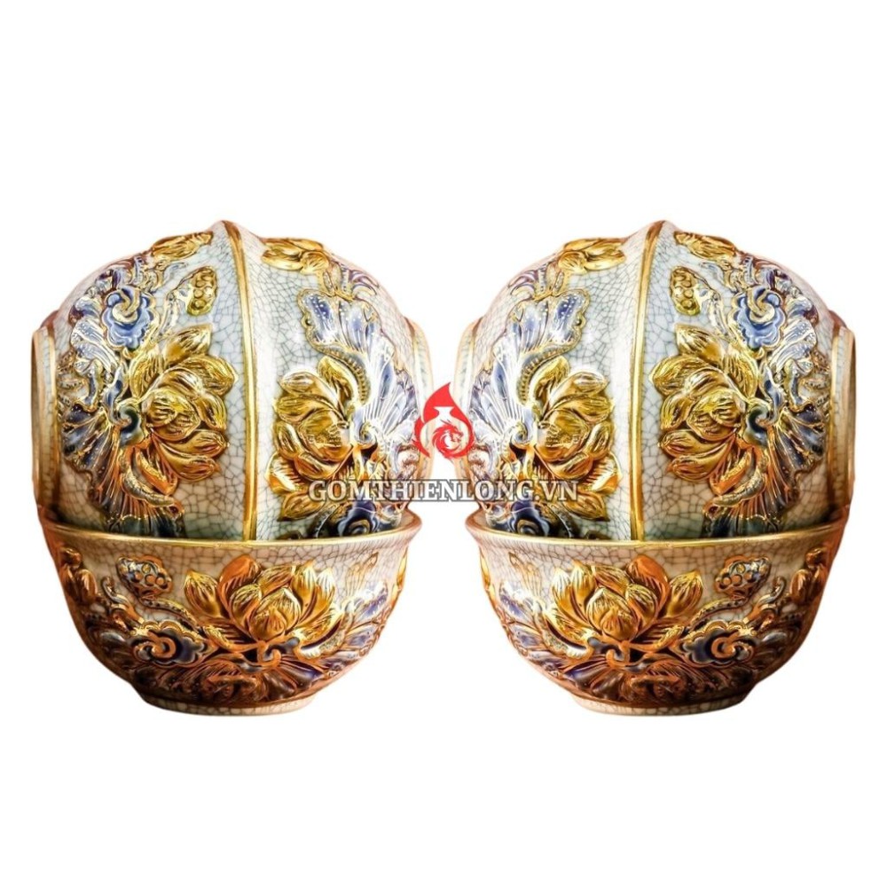 Bộ Bát Cơm Thờ Cúng Bát Tràng Men Rạn Đắp Nổi Vẽ Vàng Hoa Sen 231162