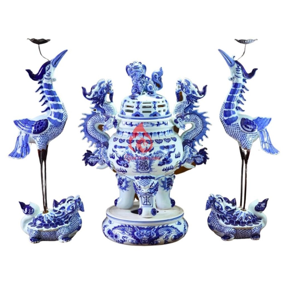 Bộ Đỉnh Hạc Tam Sự Men Lam 230848