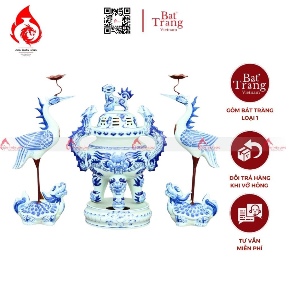 Bộ Đỉnh Hạc Tam Sự Men Lam 230845