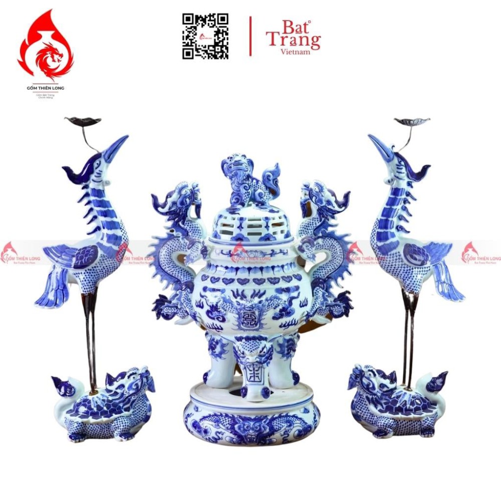 Bộ Đỉnh Hạc Tam Sự Men Lam 230848