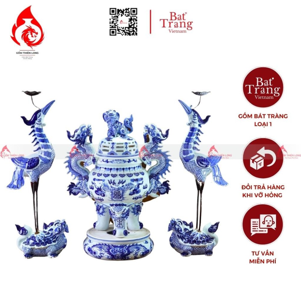 Bộ Đỉnh Hạc Tam Sự Men Lam 230848