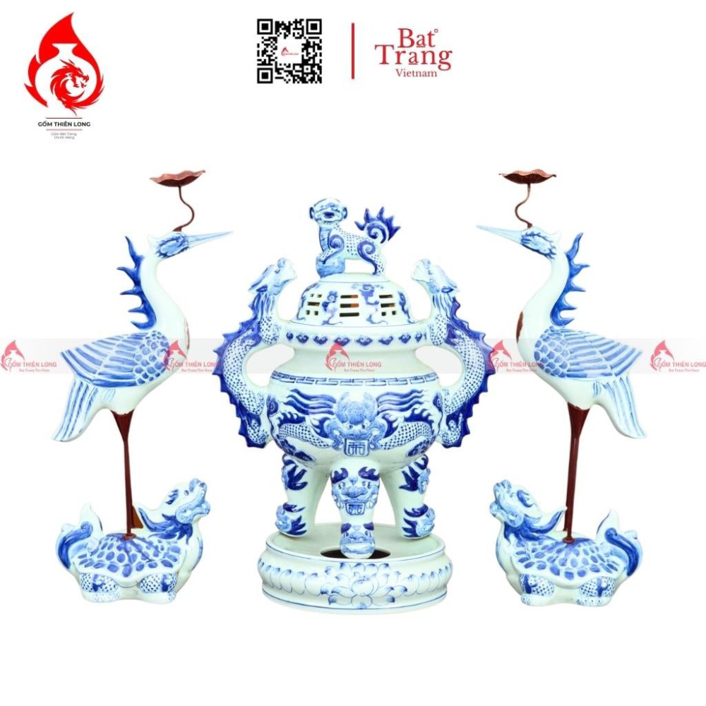 Bộ Đỉnh Hạc Tam Sự Men Lam 230845