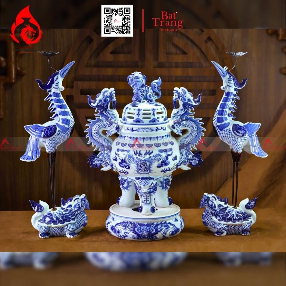 Bộ Đỉnh Hạc Tam Sự Men Lam 230848