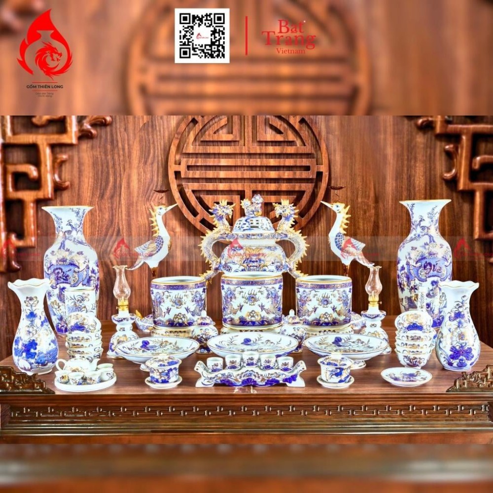 Bộ Đỉnh Hạc Tam Sự Men Lam Vẽ Vàng 230847