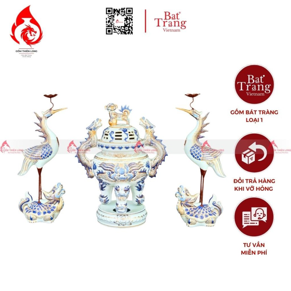 Bộ Đỉnh Hạc Tam Sự Men Lam Vẽ Vàng 230847