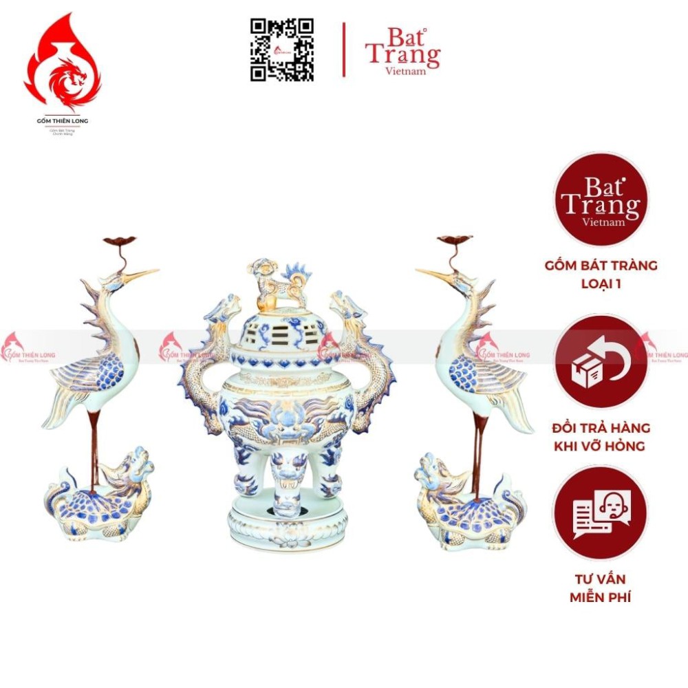 Bộ Đỉnh Hạc Ngũ Sự Men Lam Vẽ Vàng 230846