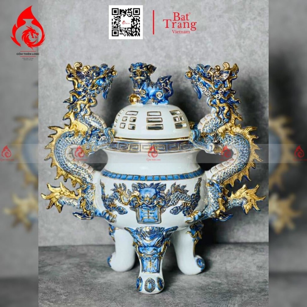 Bộ Đỉnh Hạc Chân Sứ Tam Sự Men Lam Vẽ Vàng 230867