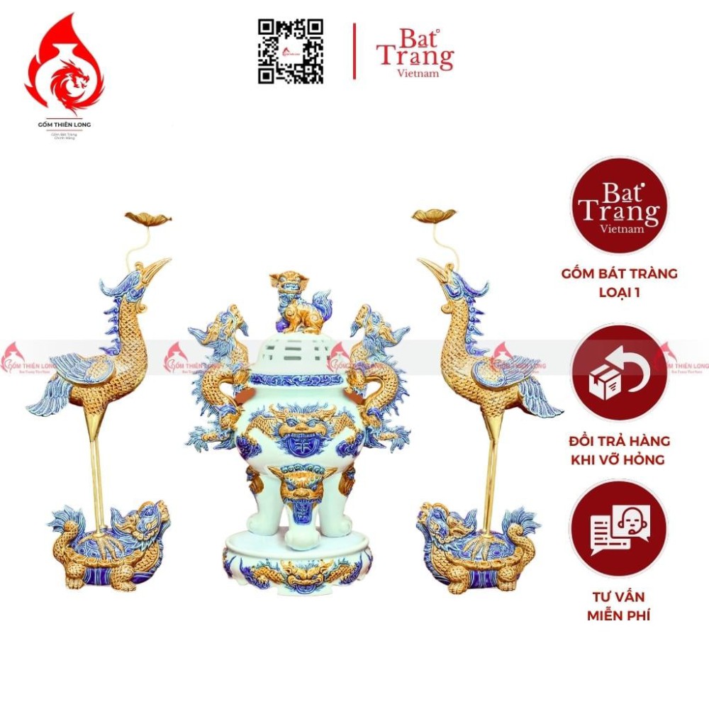 Bộ Đỉnh Hạc Tam Sự Men Ngọc Đắp Nổi 230852