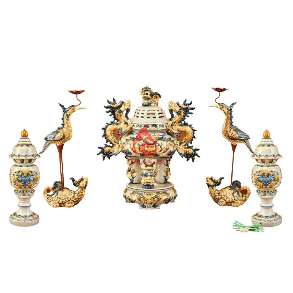 Bộ Đỉnh Hạc Ngũ Sự Men Rạn Đèn Ngũ Phúc 230851