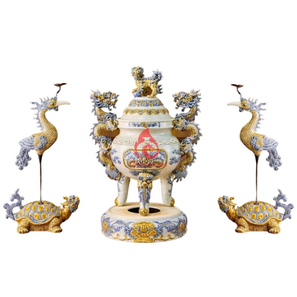 Bộ Đỉnh Hạc Tam Sự Men Rạn Đắp Nổi 230853