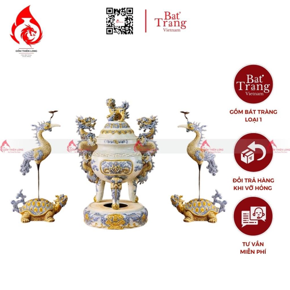 Bộ Đỉnh Hạc Tam Sự Men Rạn Đắp Nổi 230853