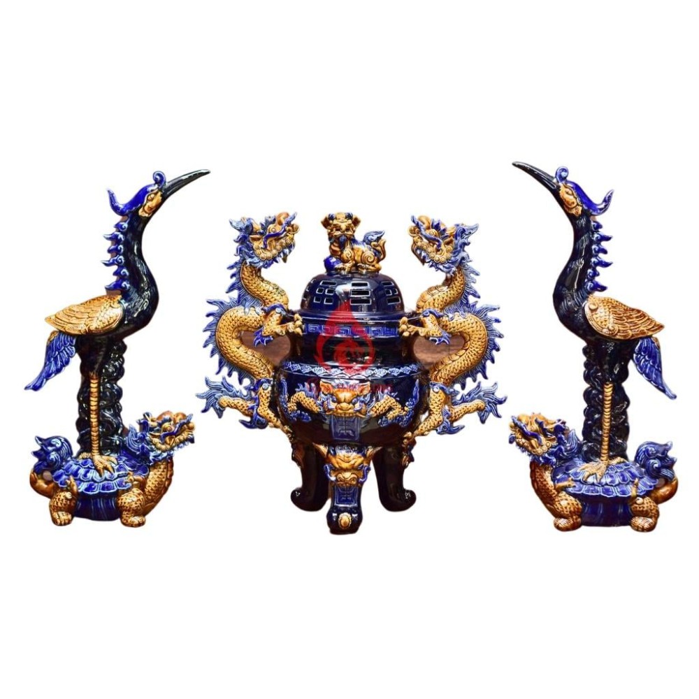 Bộ Đỉnh Hạc Chân Sứ Tam Sự Men Xanh Coban 230863