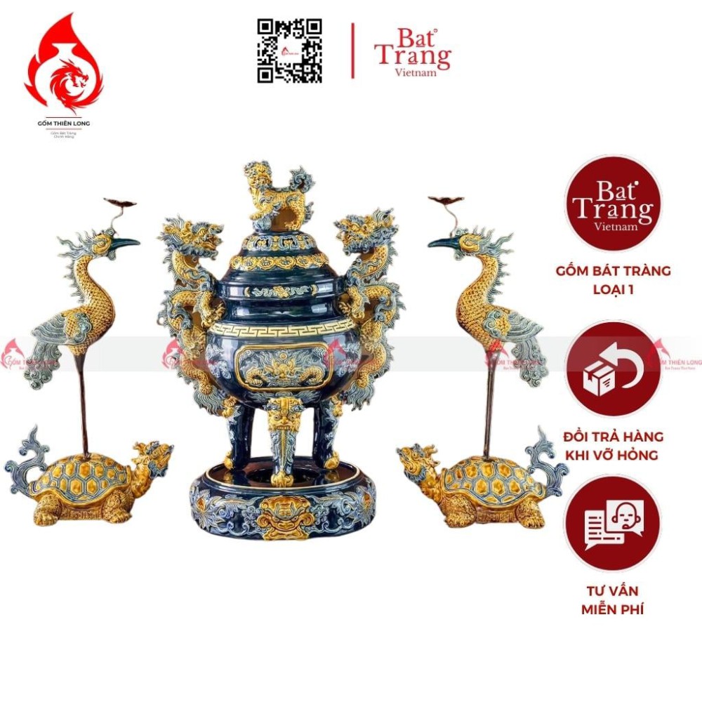 Bộ Đỉnh Hạc Tam Sự Men Xanh Coban 230857