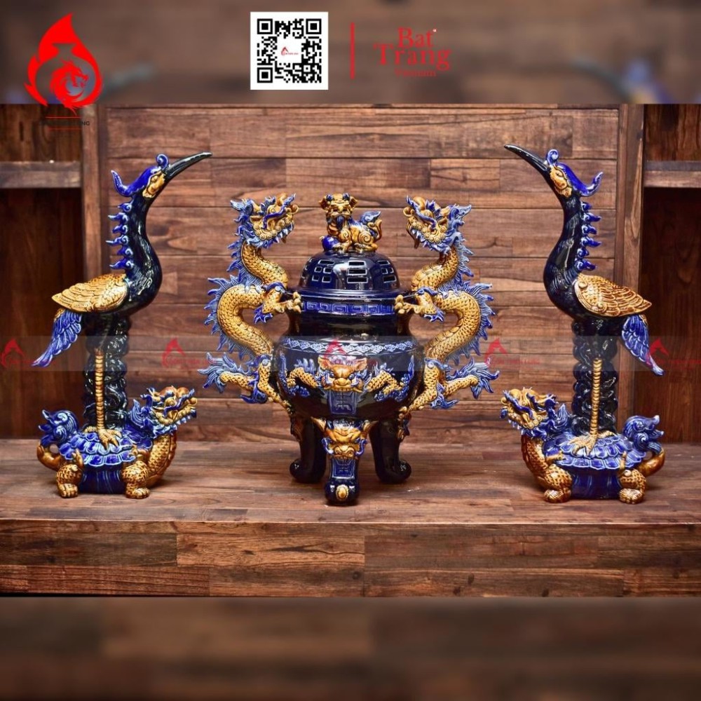 Bộ Đỉnh Hạc Chân Sứ Tam Sự Men Xanh Coban 230863