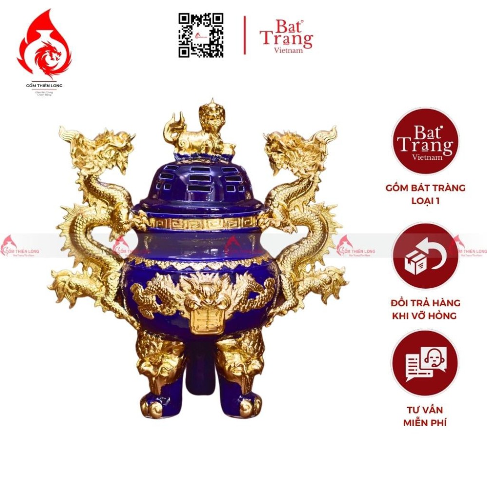 Bộ Đỉnh Hạc Chân Sứ Tam Sự Men Xanh Coban Dát Vàng 230864