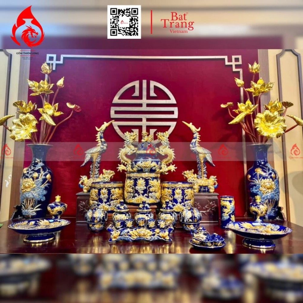 Bộ Đỉnh Hạc Chân Sứ Tam Sự Men Xanh Coban Vẽ Vàng 230865
