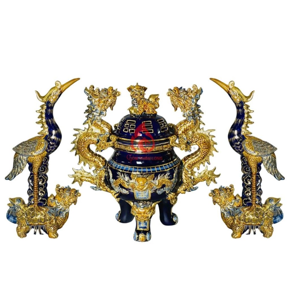 Bộ Đỉnh Hạc Chân Sứ Tam Sự Men Xanh Coban Vẽ Vàng 230865