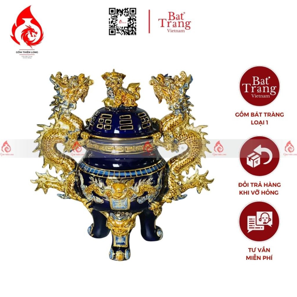 Bộ Đỉnh Hạc Chân Sứ Tam Sự Men Xanh Coban Vẽ Vàng 230865