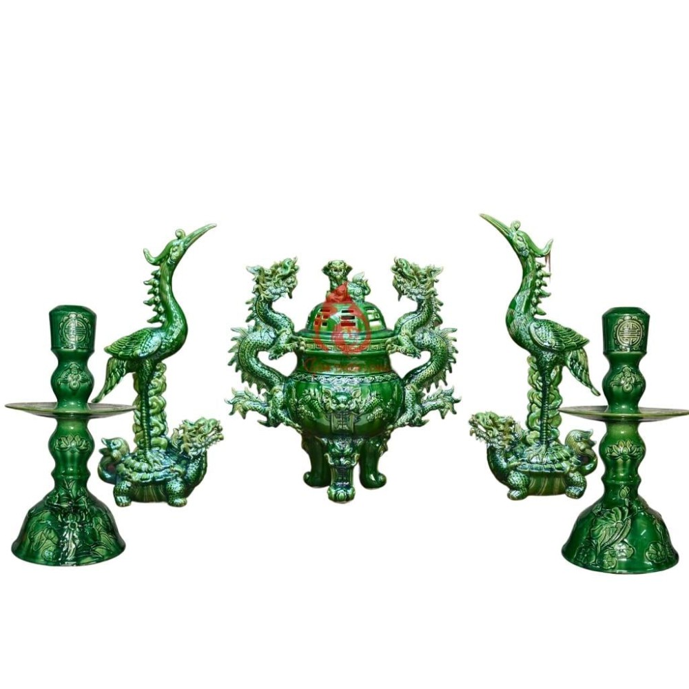 Bộ Đỉnh Hạc Chân Sứ Ngũ Sự Men Xanh Ngọc Lục Bảo 230861