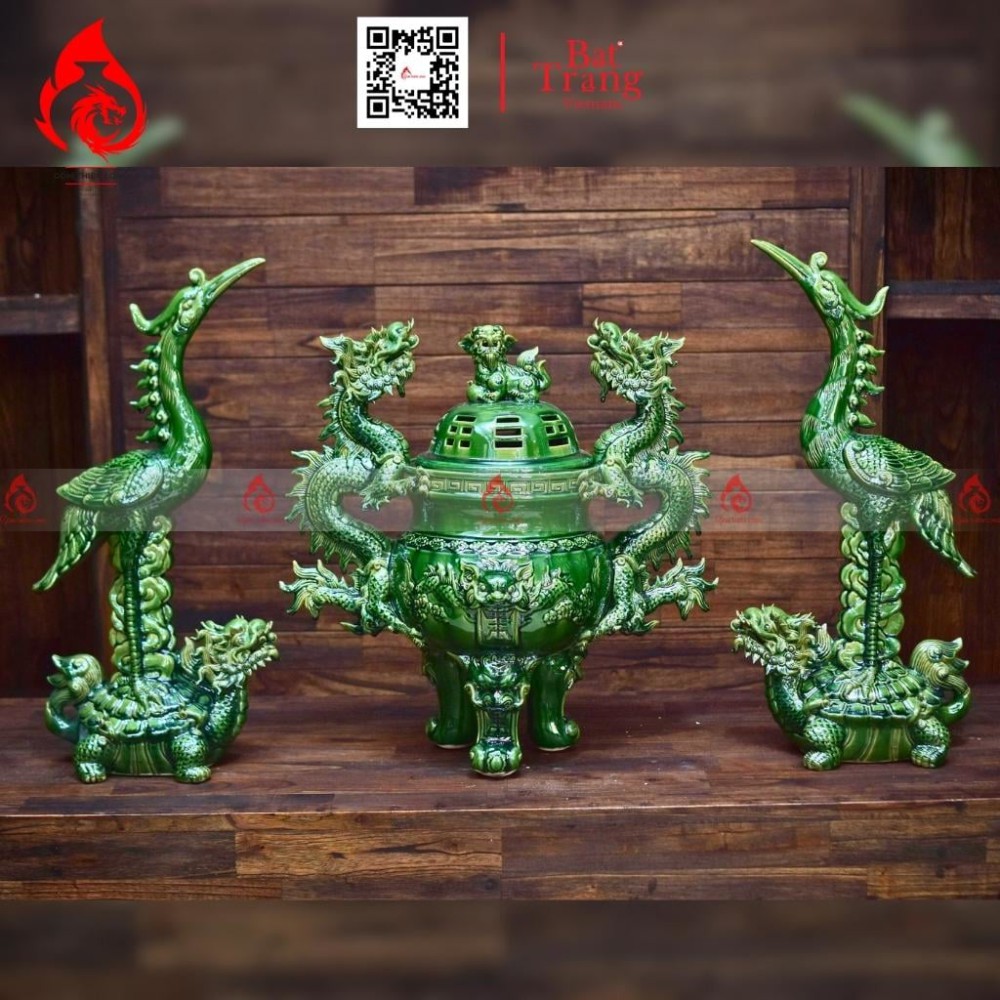 Bộ Đỉnh Hạc Chân Sứ Ngũ Sự Men Xanh Ngọc Lục Bảo 230861