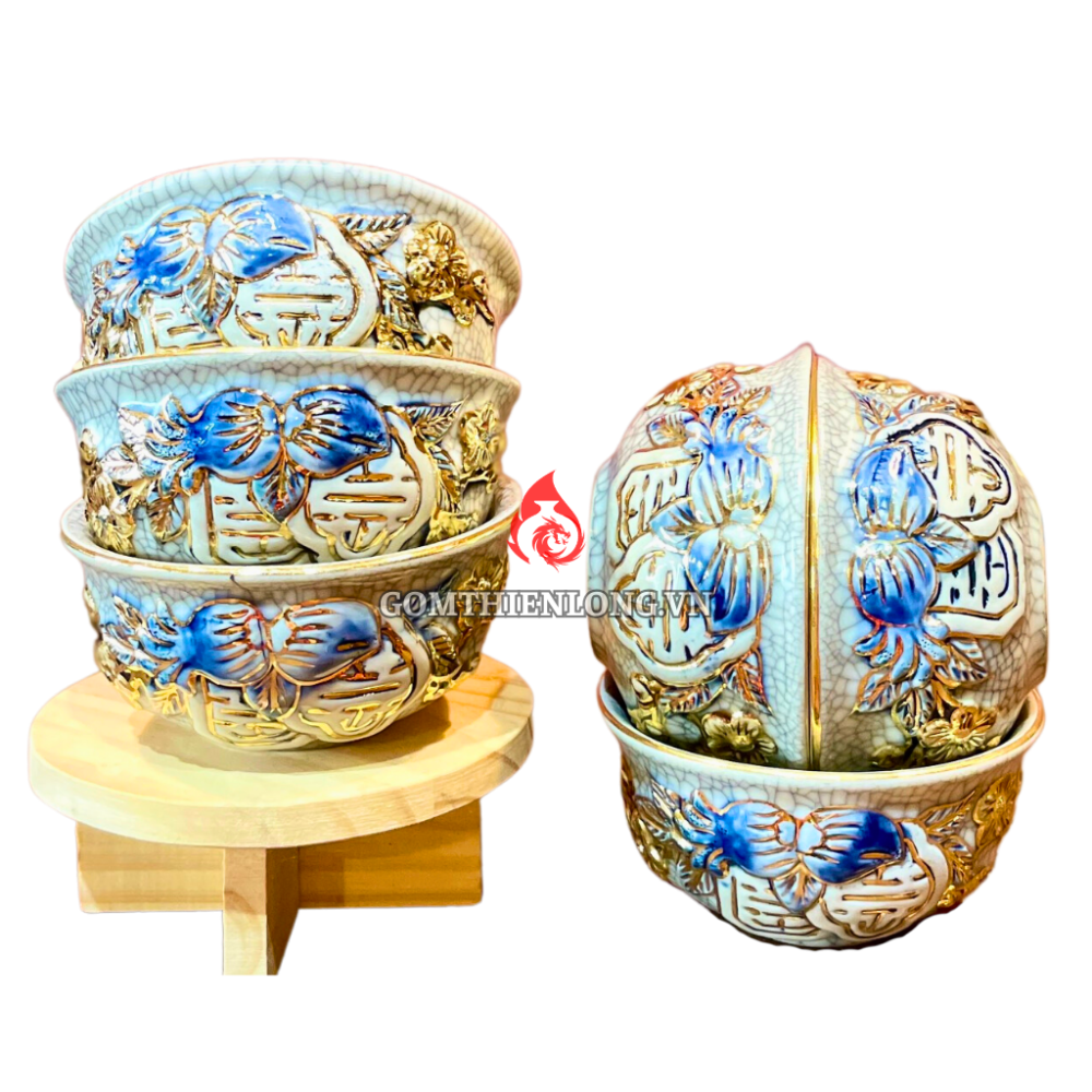 Bộ Bát Cơm Thờ Cúng Bát Tràng Men Rạn Đắp Nổi Vẽ Vàng Thọ Đào 231152