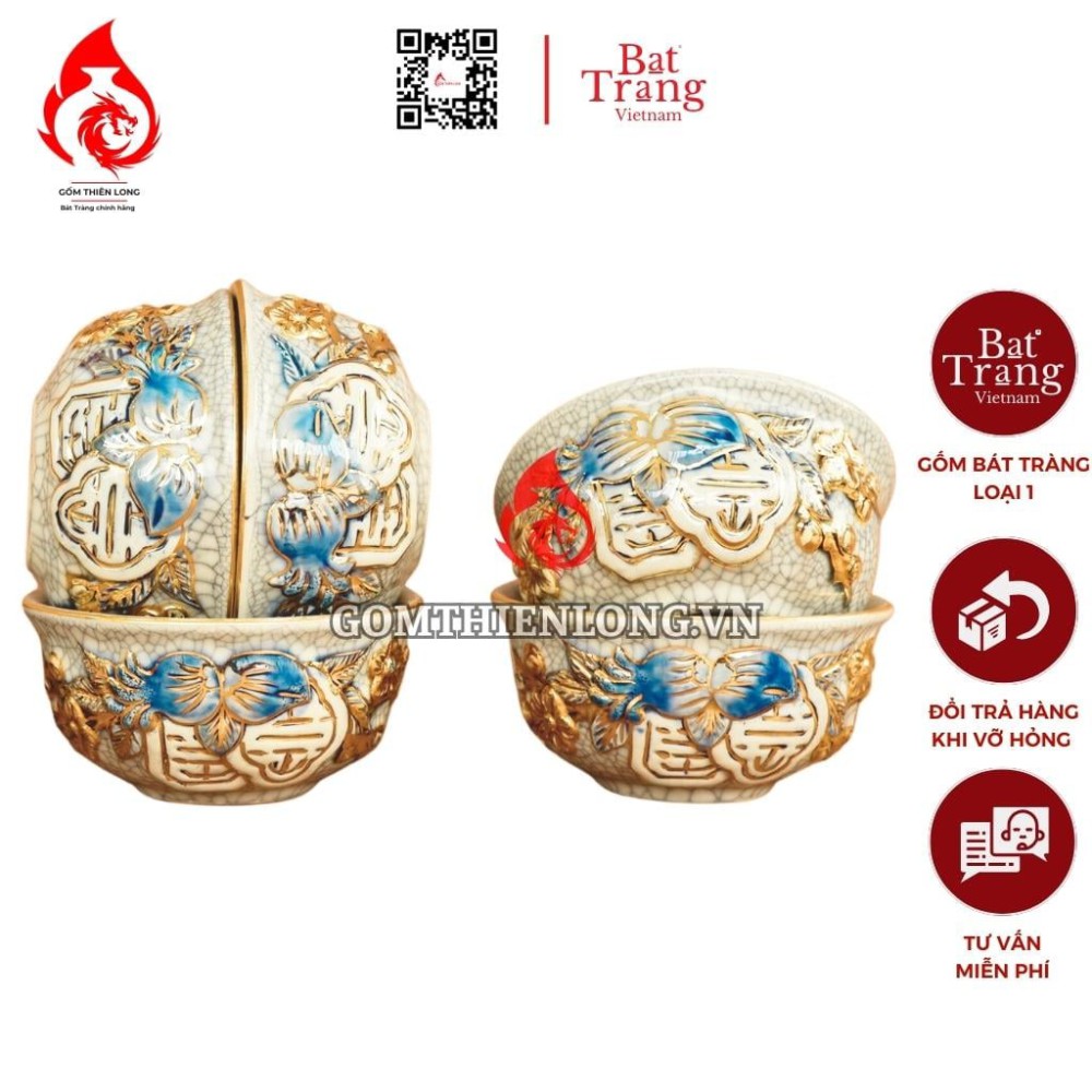 Bộ Bát Cơm Thờ Cúng Bát Tràng Men Rạn Đắp Nổi Vẽ Vàng Thọ Đào 231152